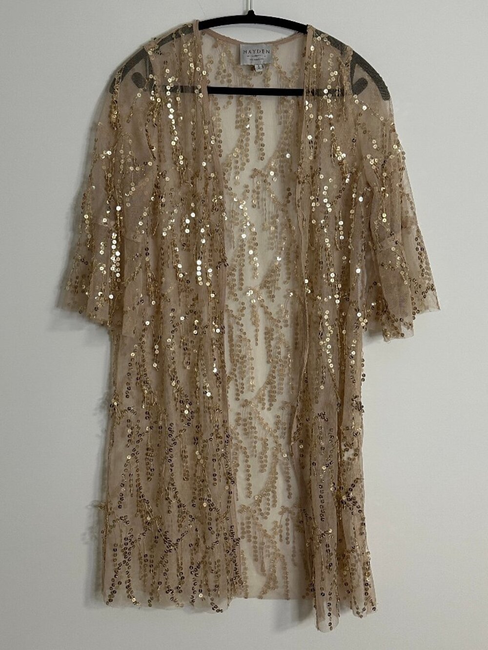 Hayden LA Gold Sequin Kimono Sheer Mesh Duster Cardigan Jacket Tunic Small S